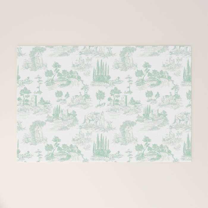 Toile de Jouy Vintage French Light Green & White Welcome Mat Gallery Image 1