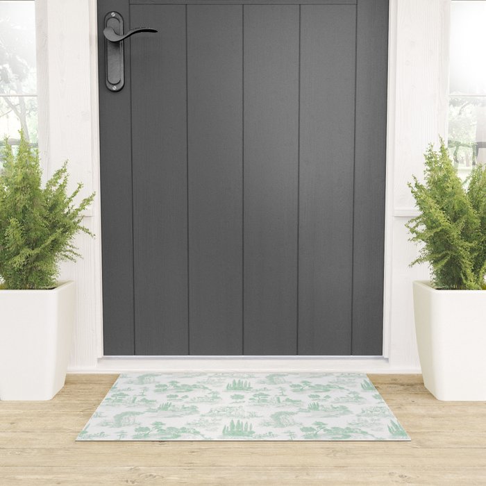 Toile de Jouy Vintage French Light Green & White Welcome Mat Gallery Image 3