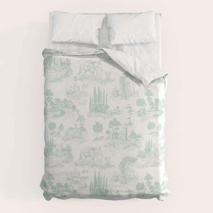 Toile de Jouy Vintage French Light Green & White Duvet Cover Gallery Image 1