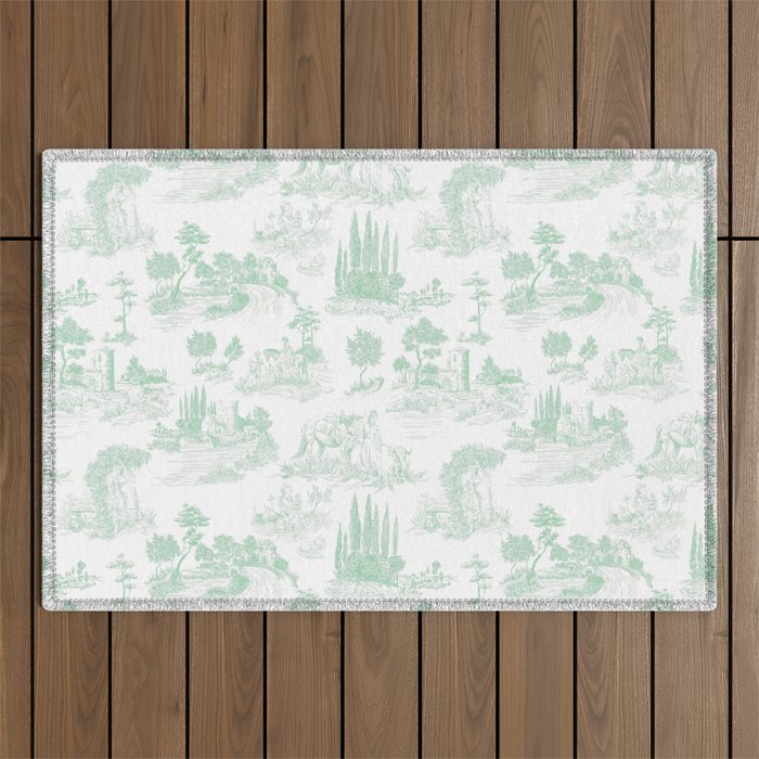 Toile de Jouy Vintage French Light Green & White Outdoor Rug Gallery Image 1