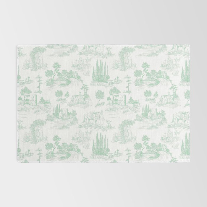 Toile de Jouy Vintage French Light Green & White Rug Gallery Image 2