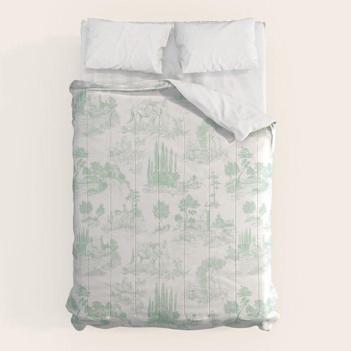 Toile de Jouy Vintage French Light Green & White Comforter Gallery Image 6