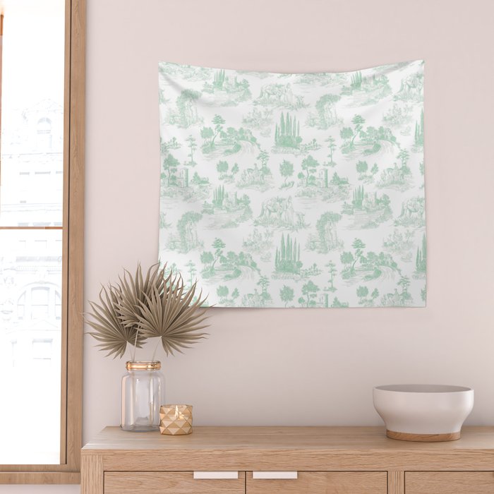 Toile de Jouy Vintage French Light Green & White Wall Tapestry Gallery Image 2