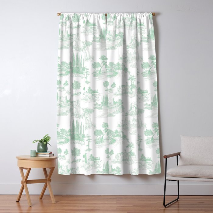 Toile de Jouy Vintage French Light Green & White Window Curtain Gallery Image 5