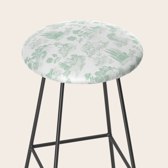 Toile de Jouy Vintage French Light Green & White Stool Gallery Image 2