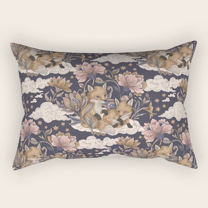 Fox Cubs in Moonlit Garden Rectangular Pillow Gallery Image 1