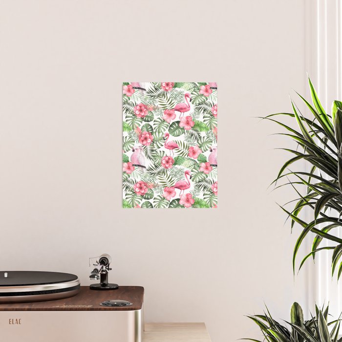 Watercolor Tropical Leaves Flowers Flamingo Cockatoo Poster Gallery Image 2