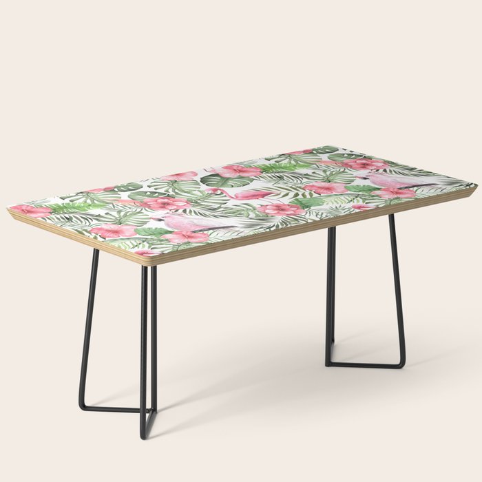 Watercolor Tropical Leaves Flowers Flamingo Cockatoo Coffee Table Gallery Image 1