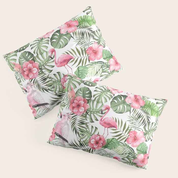 Watercolor Tropical Leaves Flowers Flamingo Cockatoo Pillow Sham Gallery Image 1