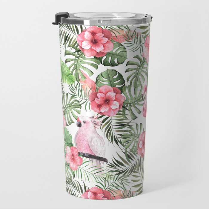 Watercolor Tropical Leaves Flowers Flamingo Cockatoo Travel Mug Gallery Image 3