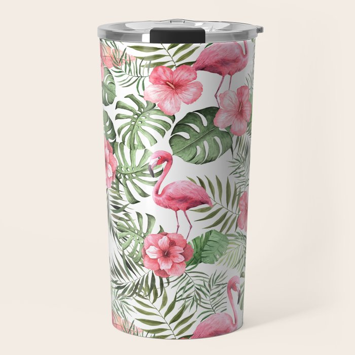 Watercolor Tropical Leaves Flowers Flamingo Cockatoo Travel Mug Gallery Image 1