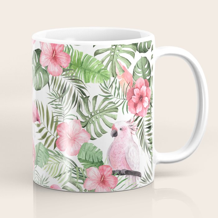 Watercolor Tropical Leaves Flowers Flamingo Cockatoo Coffee Mug Gallery Image 1