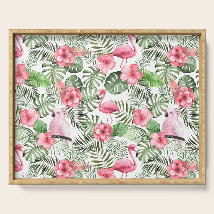 Watercolor Tropical Leaves Flowers Flamingo Cockatoo Serving Tray Gallery Image 1