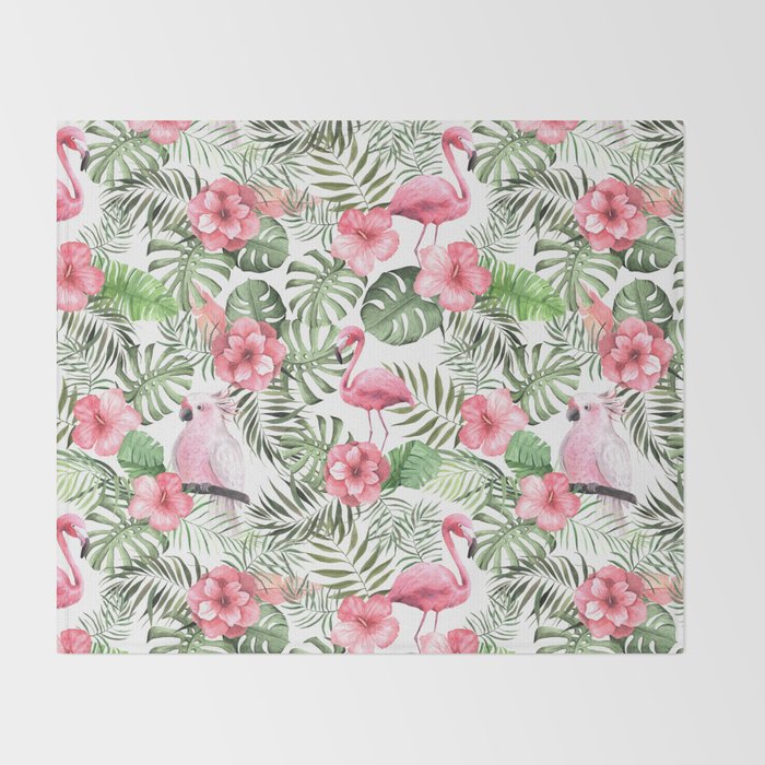 Watercolor Tropical Leaves Flowers Flamingo Cockatoo Throw Blanket Gallery Image 2