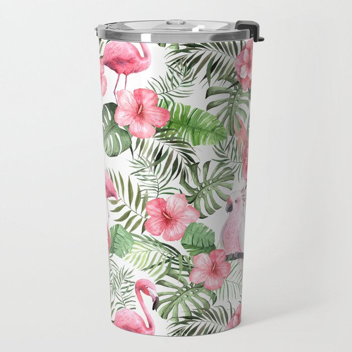 Watercolor Tropical Leaves Flowers Flamingo Cockatoo Travel Mug Gallery Image 2