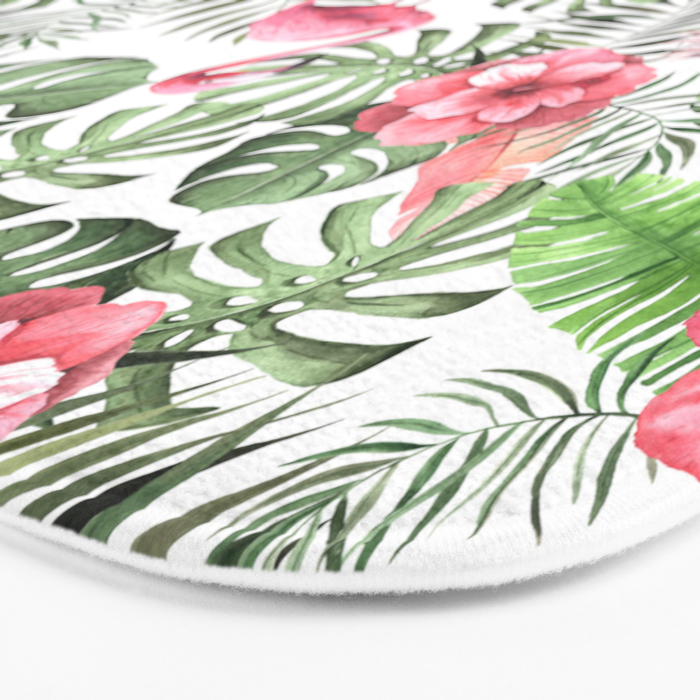 Watercolor Tropical Leaves Flowers Flamingo Cockatoo Bath Mat Gallery Image 3