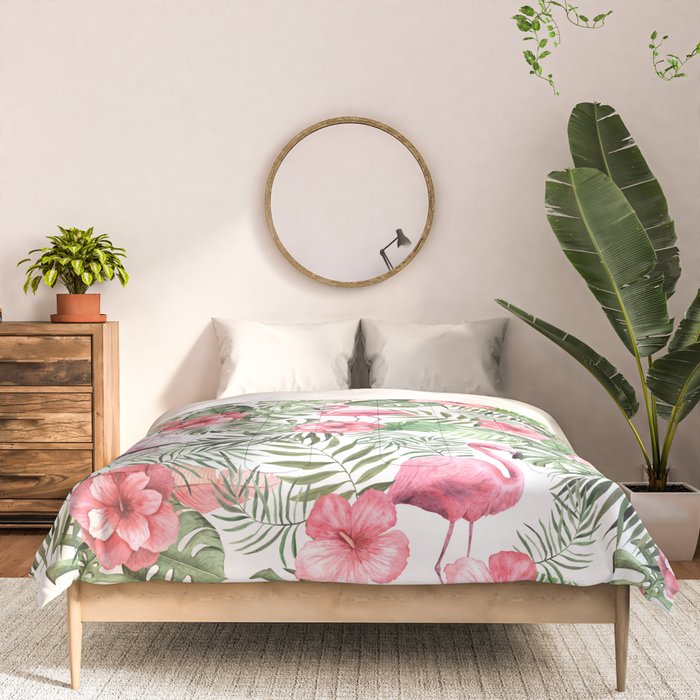 Watercolor Tropical Leaves Flowers Flamingo Cockatoo Comforter Gallery Image 3
