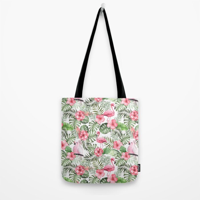 Watercolor Tropical Leaves Flowers Flamingo Cockatoo Tote Bag Gallery Image 2