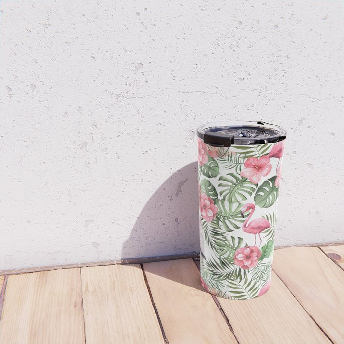 Watercolor Tropical Leaves Flowers Flamingo Cockatoo Travel Mug Gallery Image 4