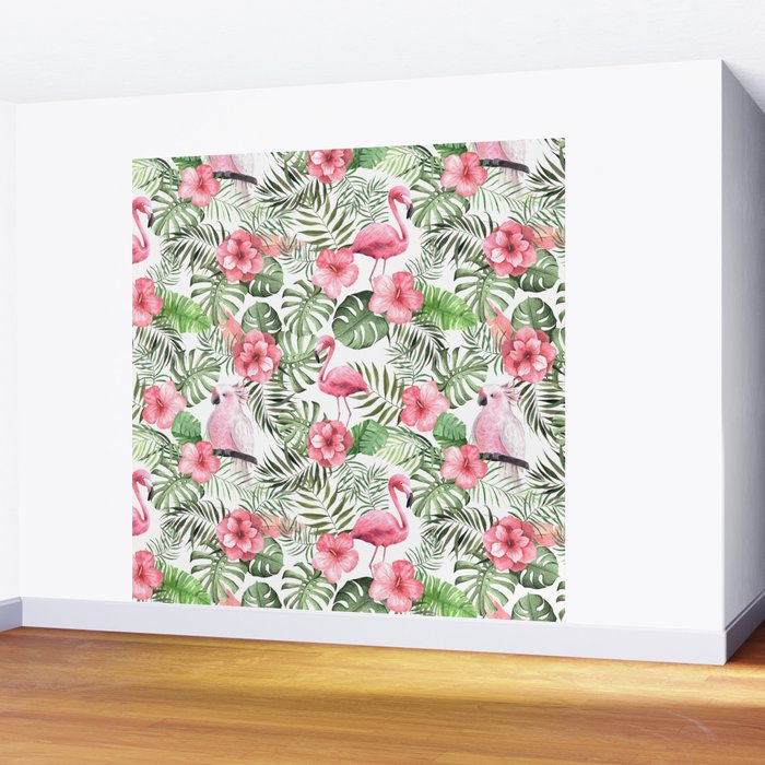 Watercolor Tropical Leaves Flowers Flamingo Cockatoo Wall Mural Gallery Image 2