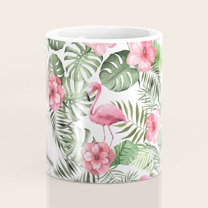 Watercolor Tropical Leaves Flowers Flamingo Cockatoo Coffee Mug Gallery Image 4