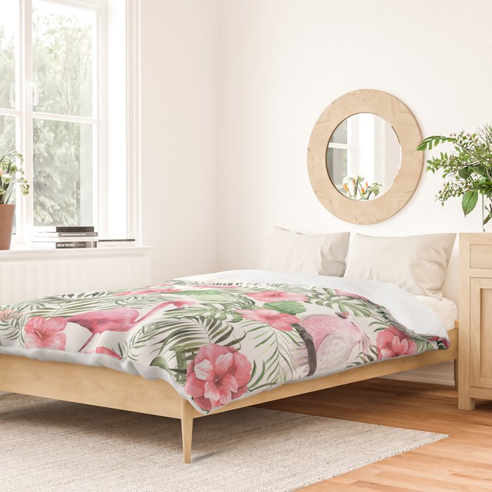 Watercolor Tropical Leaves Flowers Flamingo Cockatoo Duvet Cover Gallery Image 2