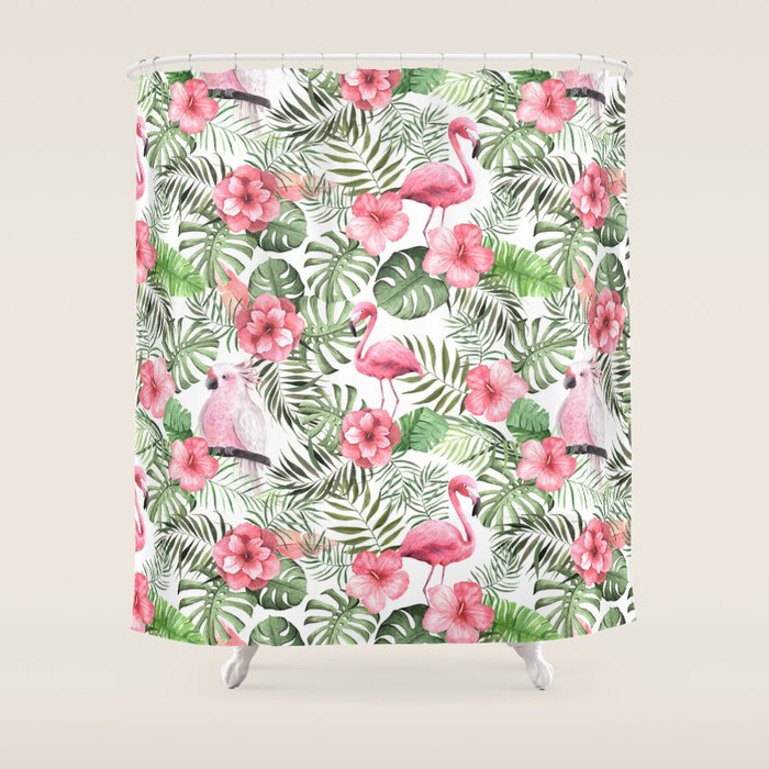 Watercolor Tropical Leaves Flowers Flamingo Cockatoo Shower Curtain Gallery Image 1
