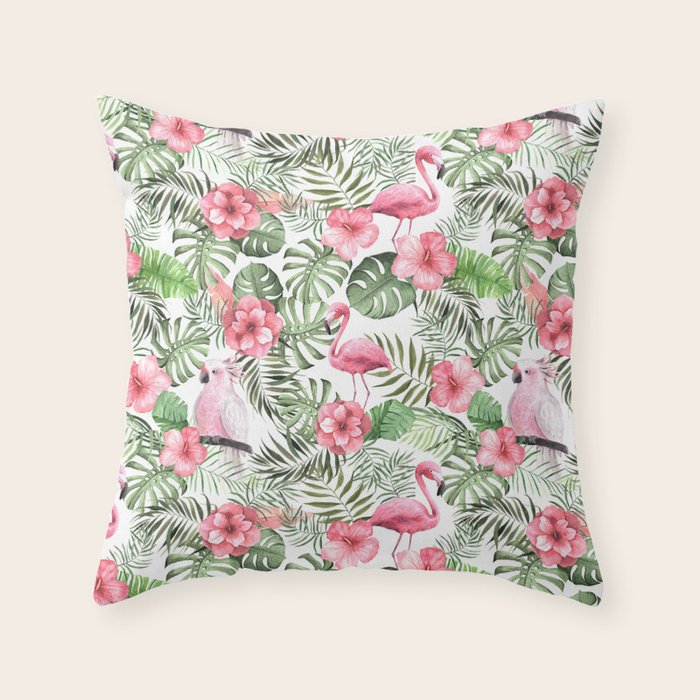 Watercolor Tropical Leaves Flowers Flamingo Cockatoo Throw Pillow Gallery Image 6