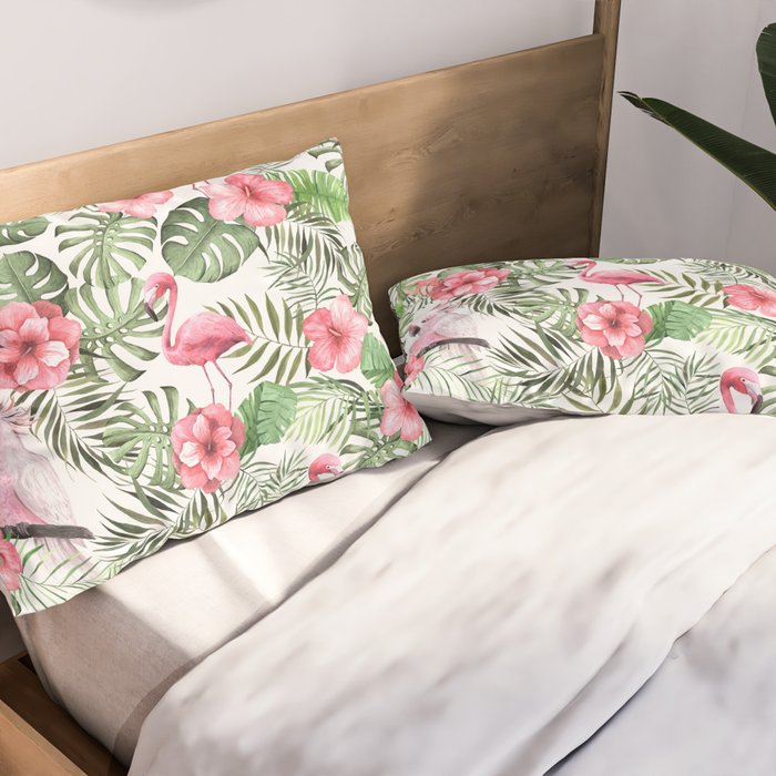 Watercolor Tropical Leaves Flowers Flamingo Cockatoo Pillow Sham Gallery Image 2