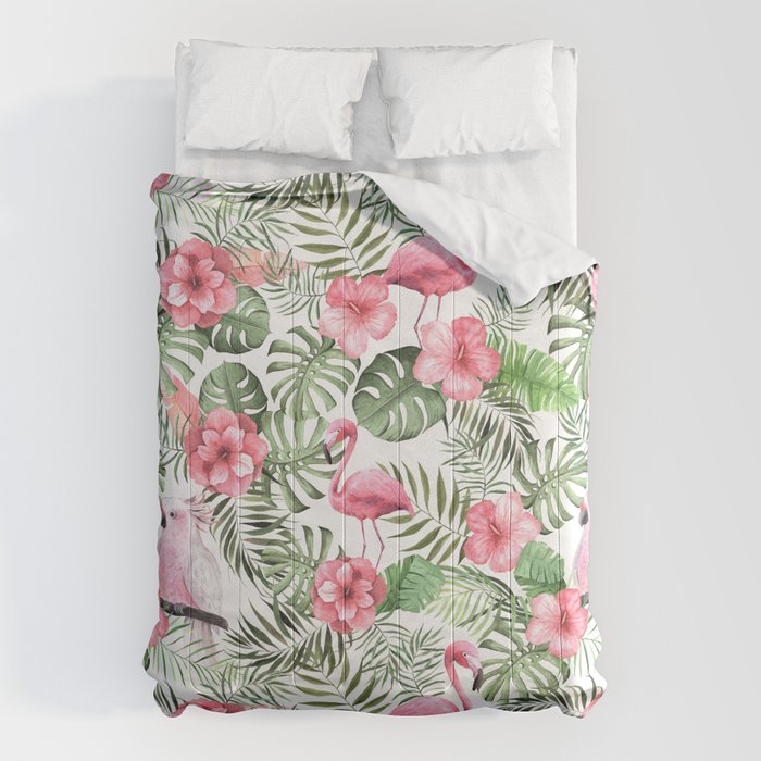 Watercolor Tropical Leaves Flowers Flamingo Cockatoo Comforter Gallery Image 6