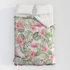 Watercolor Tropical Leaves Flowers Flamingo Cockatoo Duvet Cover Gallery Image 6