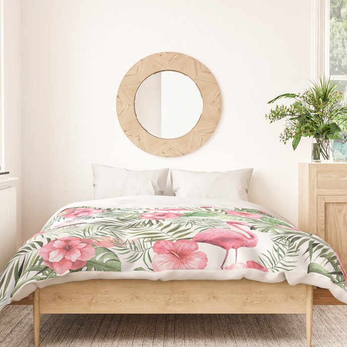 Watercolor Tropical Leaves Flowers Flamingo Cockatoo Duvet Cover Gallery Image 3