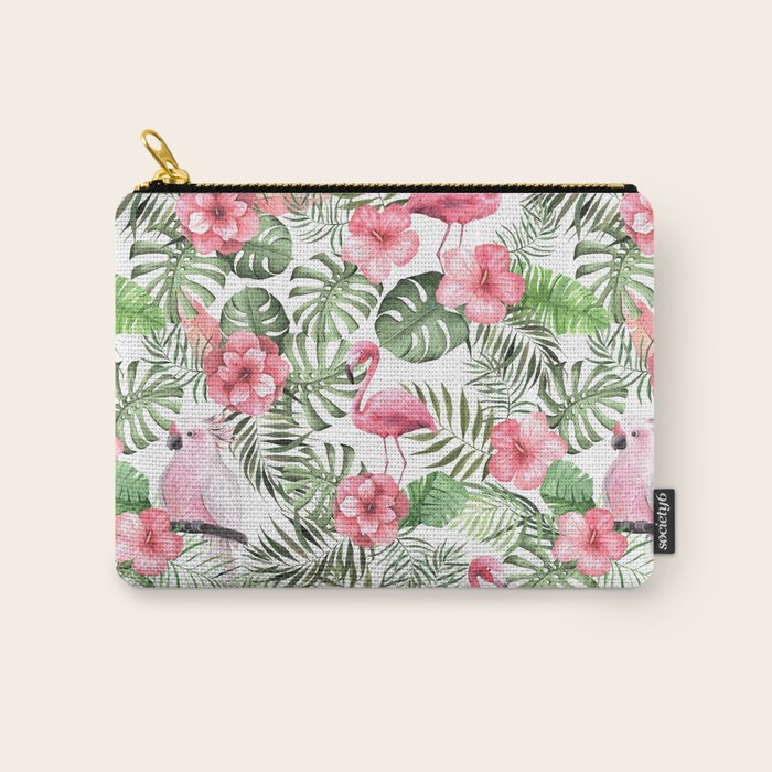 Watercolor Tropical Leaves Flowers Flamingo Cockatoo Carry All Pouch Gallery Image 1