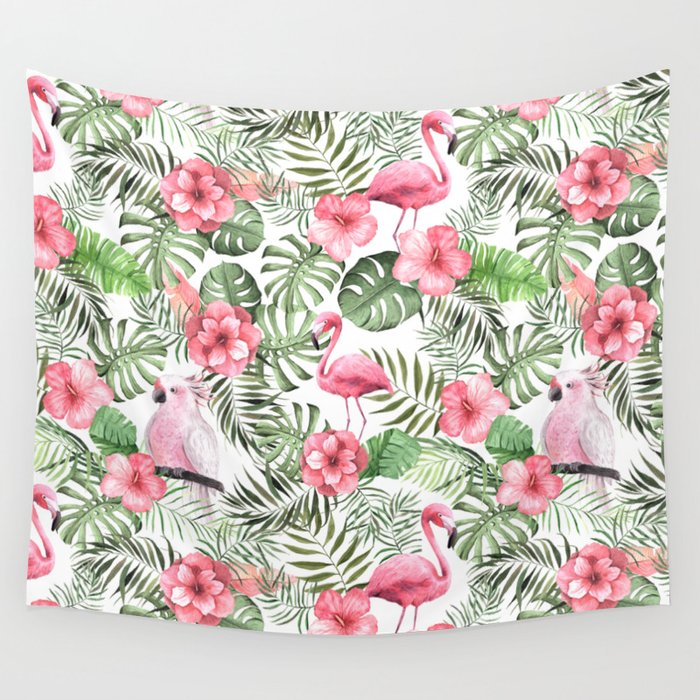 Watercolor Tropical Leaves Flowers Flamingo Cockatoo Wall Tapestry Gallery Image 1
