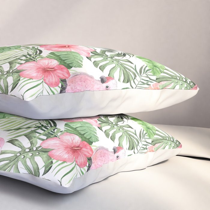 Watercolor Tropical Leaves Flowers Flamingo Cockatoo Pillow Sham Gallery Image 3