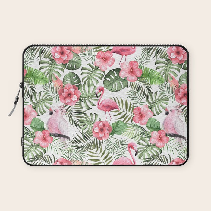 Watercolor Tropical Leaves Flowers Flamingo Cockatoo Laptop Sleeve Gallery Image 1