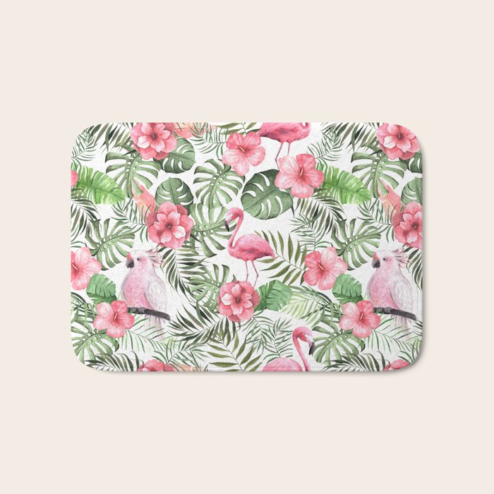Watercolor Tropical Leaves Flowers Flamingo Cockatoo Bath Mat Gallery Image 1