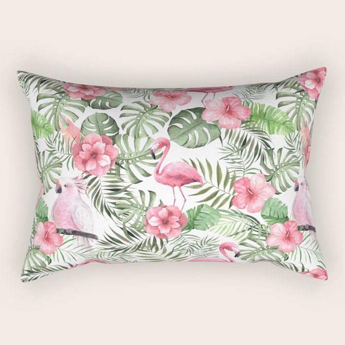Watercolor Tropical Leaves Flowers Flamingo Cockatoo Rectangular Pillow Gallery Image 1