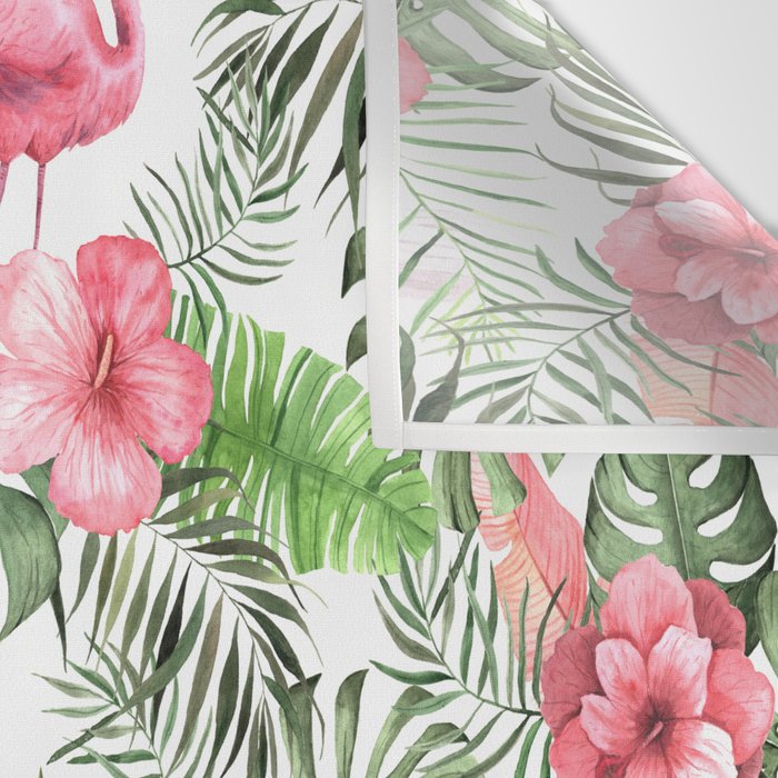Watercolor Tropical Leaves Flowers Flamingo Cockatoo Wall Tapestry Gallery Image 3