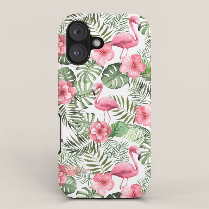 Watercolor Tropical Leaves Flowers Flamingo Cockatoo iPhone Case Gallery Image 1
