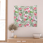 Watercolor Tropical Leaves Flowers Flamingo Cockatoo Wall Tapestry Gallery Image 2