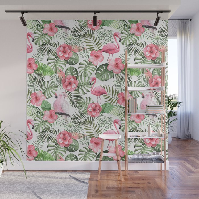 Watercolor Tropical Leaves Flowers Flamingo Cockatoo Wall Mural Gallery Image 1