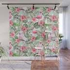 Watercolor Tropical Leaves Flowers Flamingo Cockatoo Wall Mural Gallery Image 1