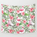 Watercolor Tropical Leaves Flowers Flamingo Cockatoo Wall Tapestry Gallery Image 4