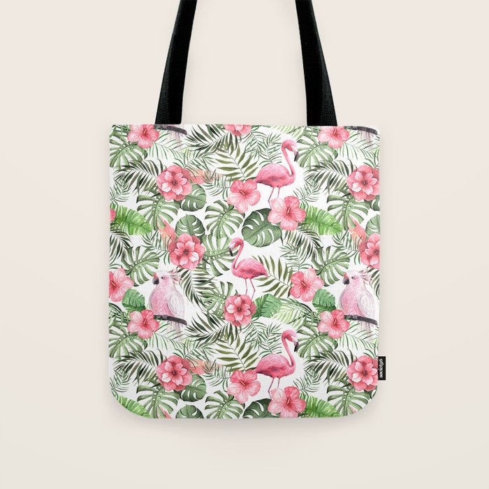 Watercolor Tropical Leaves Flowers Flamingo Cockatoo Tote Bag Gallery Image 1