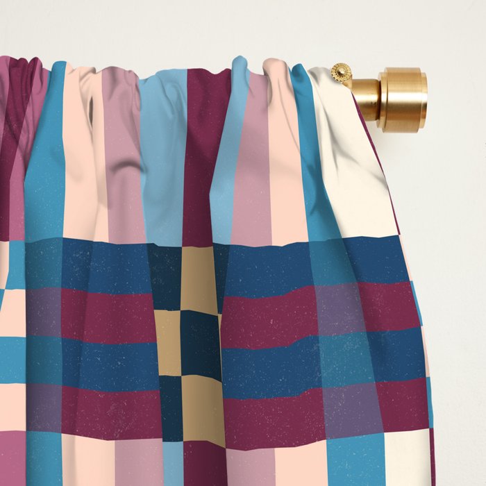 Woven Checks and Stripes Blue Burgundy Window Curtain Gallery Image 2