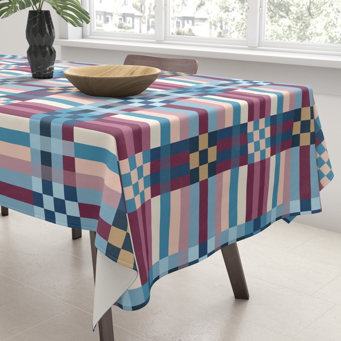 Woven Checks and Stripes Blue Burgundy Tablecloth Gallery Image 3