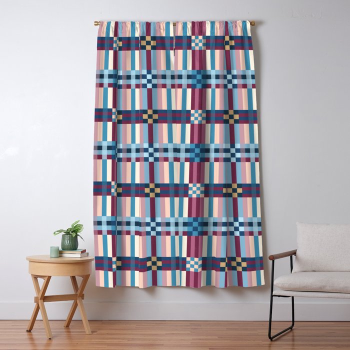 Woven Checks and Stripes Blue Burgundy Window Curtain Gallery Image 5