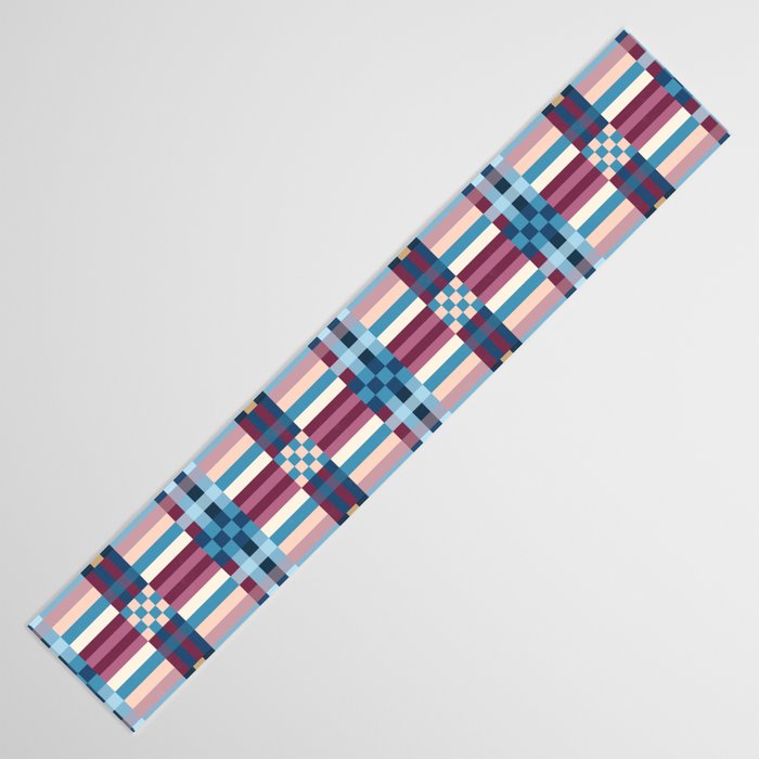 Woven Checks and Stripes Blue Burgundy Table Runner Gallery Image 3