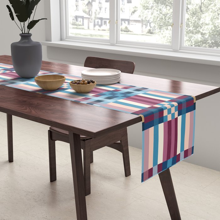 Woven Checks and Stripes Blue Burgundy Table Runner Gallery Image 2